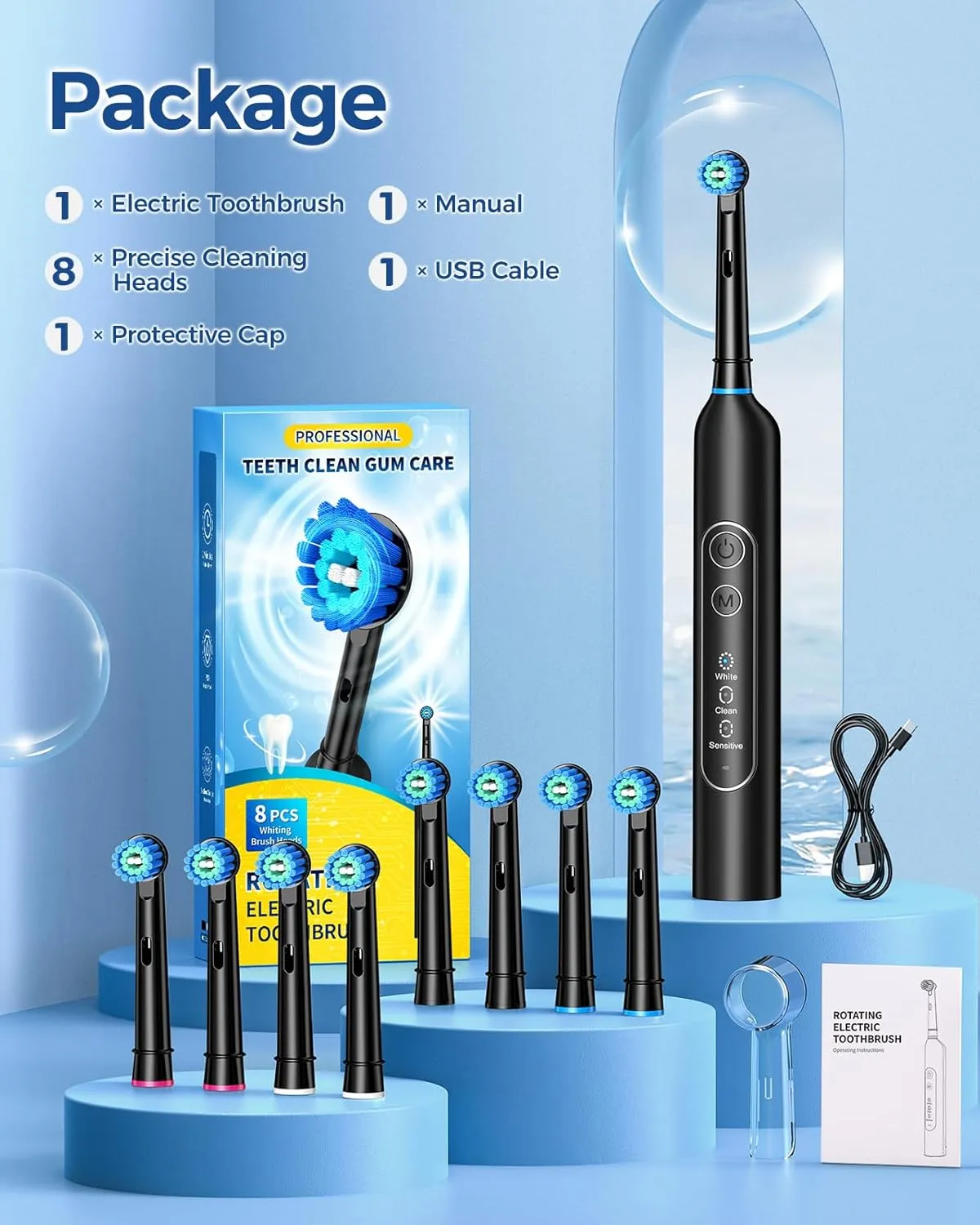 Rotating Electric Toothbrush for Adults with 8 Brush Heads, Sensitive Gum Care Electric Toothbrush with 3 Modes and 2 Min Smart Timer, Rechargeable Last 60 Days