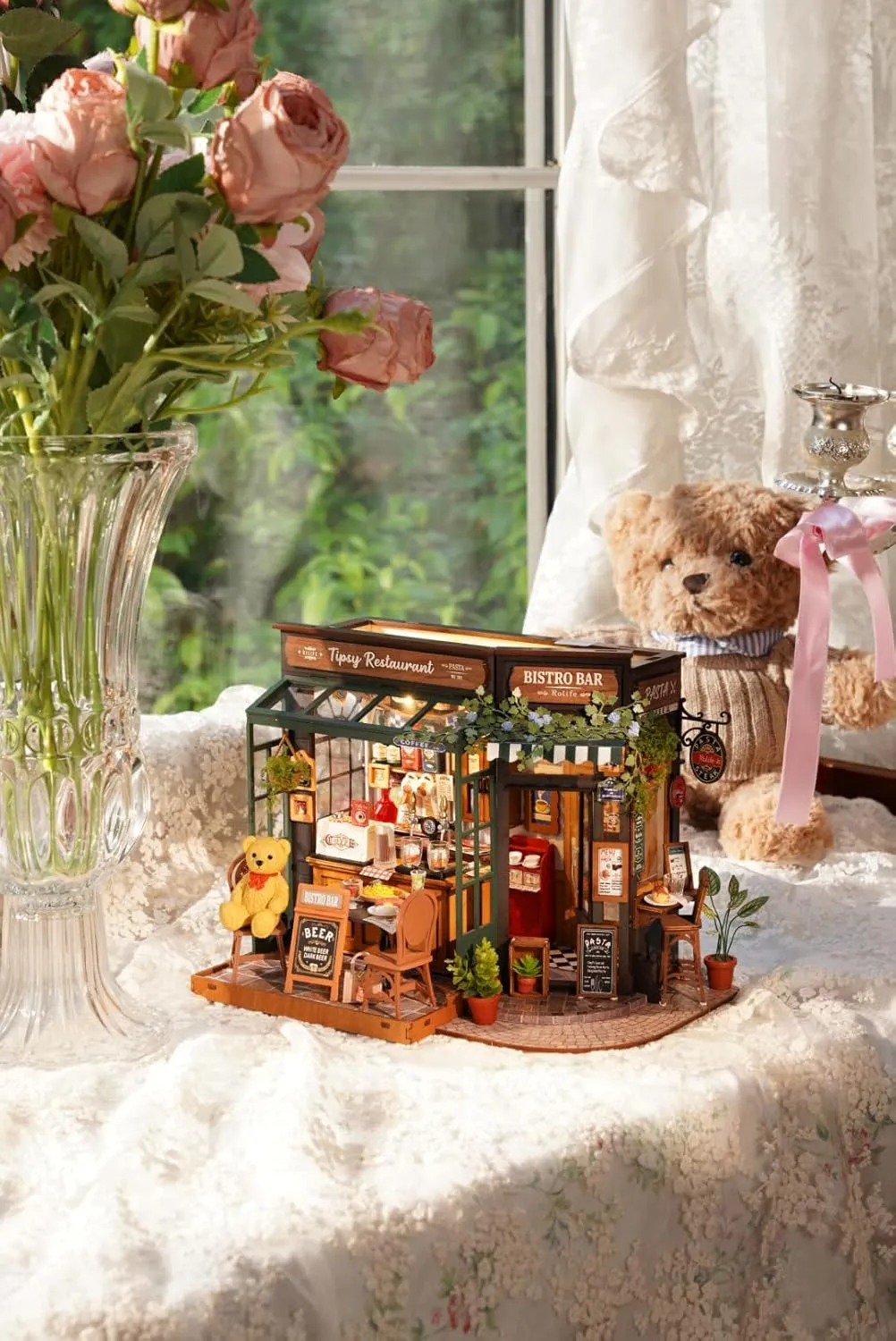 Rowood Miniature House Kits for Adults,DIY Mini House Building Kit,Wooden Dollhouse Kit with LED for Kids Teens Beginners as Birthday (Tipsy Restaurant)
