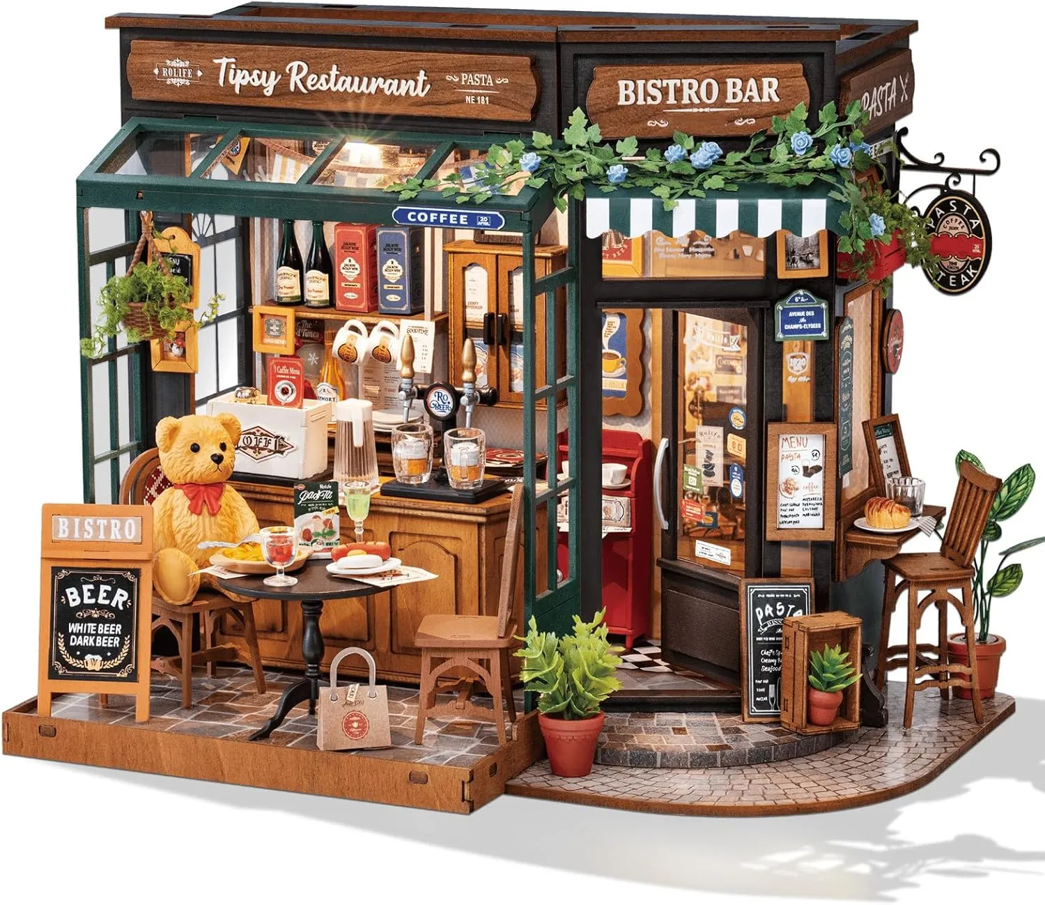 Rowood Miniature House Kits for Adults,DIY Mini House Building Kit,Wooden Dollhouse Kit with LED for Kids Teens Beginners as Birthday (Tipsy Restaurant)