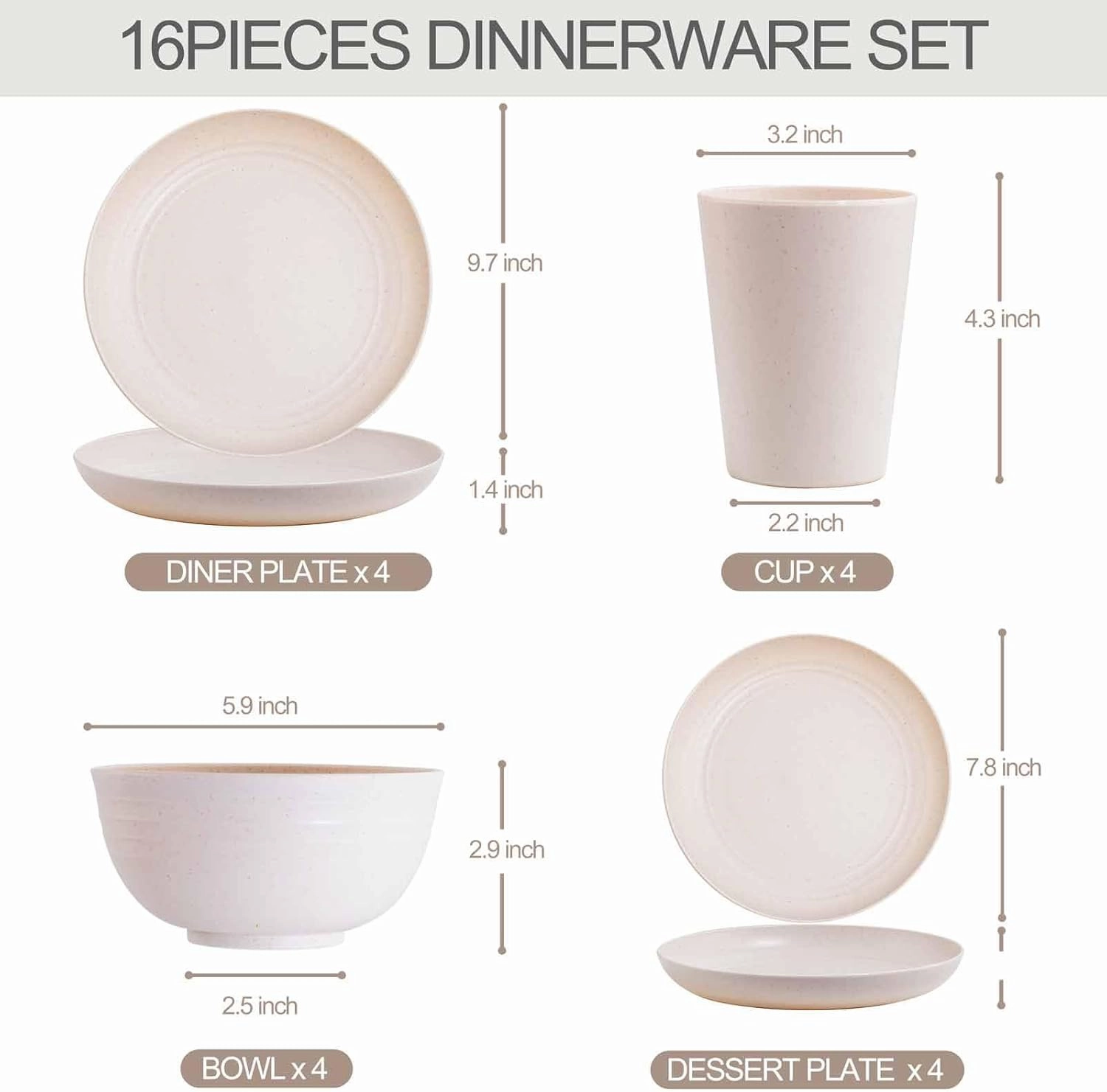 Rubtlamp Wheat Straw Dinnerware Sets, 16PCS Plastic dinnerware Set for 4, Wheat Straw Plates and Bowls Sets, Unbreakable Dinnerware Plastic Microwave Safe Dishes Det for Kitchen&Camping
