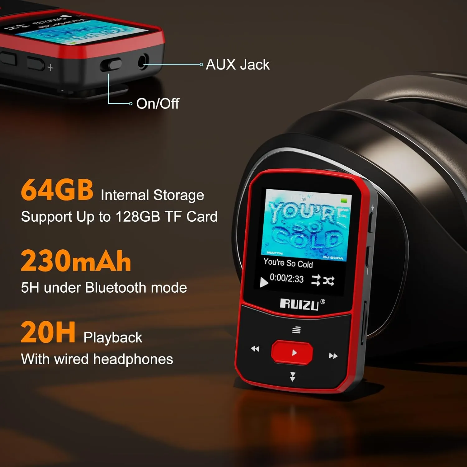 RUIZU 64GB Clip MP3 Player with Bluetooth 5.3, Portable Music Player with Voice Recorder for Sports Running, FM Radio, Pedometer, A-B Repeat, Audio Shuffle Playback, Support 128GB Micro SD Card, Red