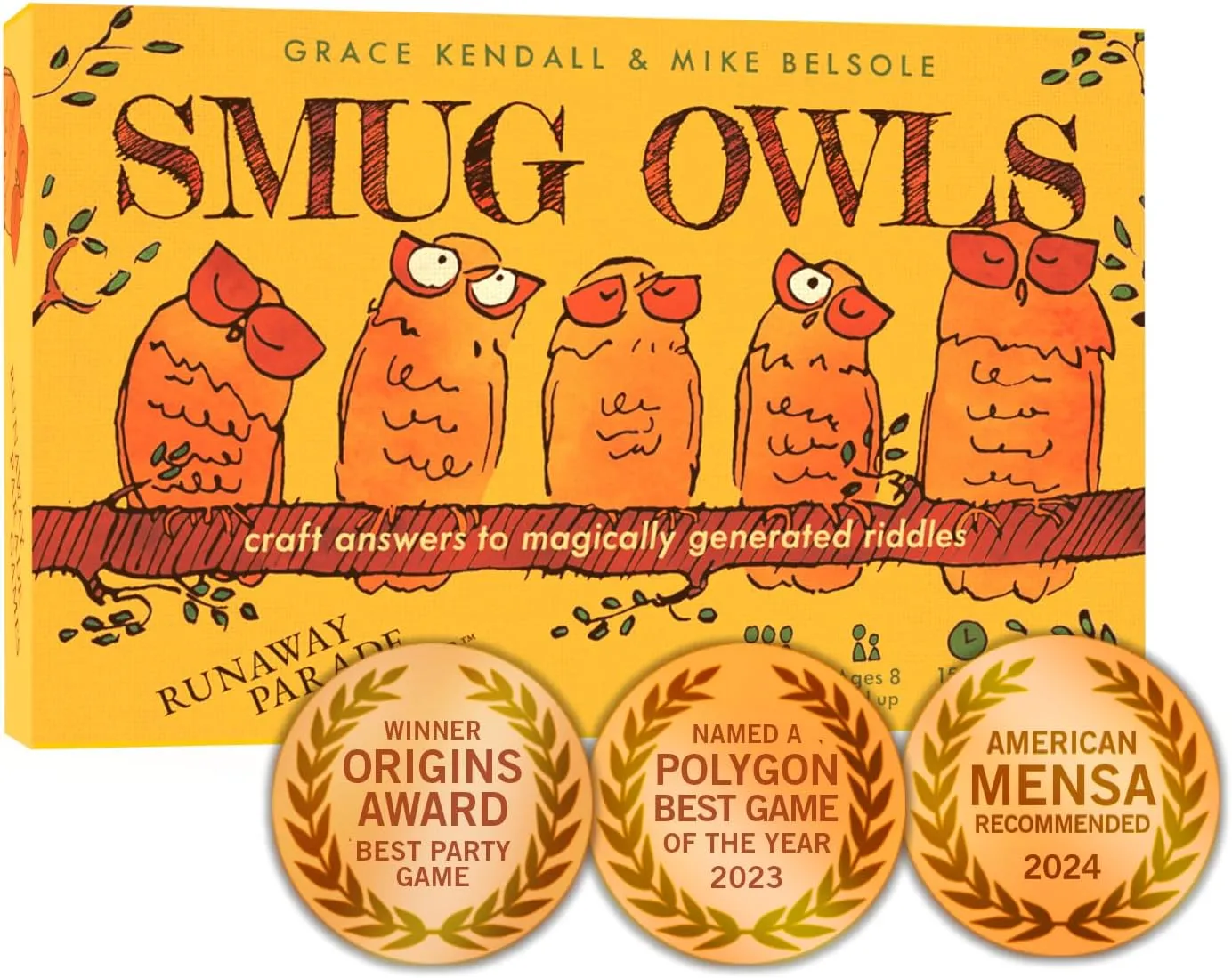 Runaway Parade Games Smug Owls Card Game - an Award-Winning Hilarious & Creative Riddle-Solving Party Game for Kids and Adults | Fun for The Whole Family | 8  | 15-20 min | 3-15 Players
