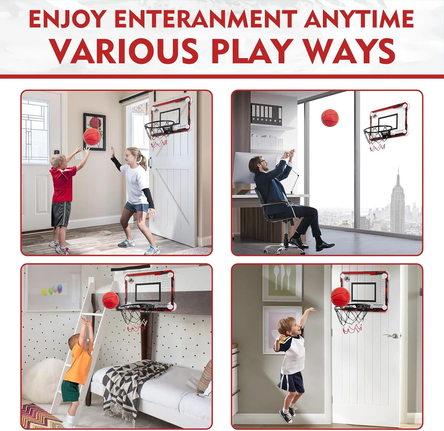 RUNBOW Indoor Mini Basketball Hoops Backboard with Powerful Suction Cups,Wall Mounted Door Basketball Hoops,Toys with Balls Gifts for Kids Boys Teens (43x30CM, Blue with Scorer) (Red Ordinary)