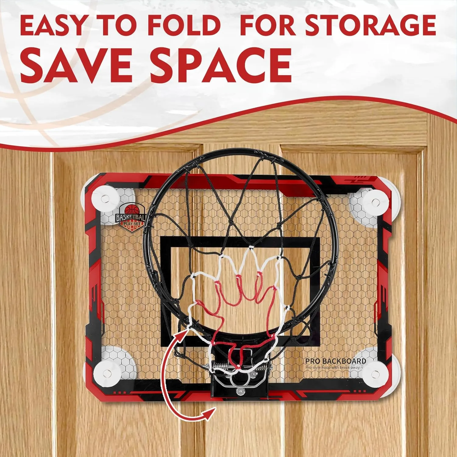 RUNBOW Indoor Mini Basketball Hoops Backboard with Powerful Suction Cups,Wall Mounted Door Basketball Hoops,Toys with Balls Gifts for Kids Boys Teens (43x30CM, Blue with Scorer) (Red Ordinary)