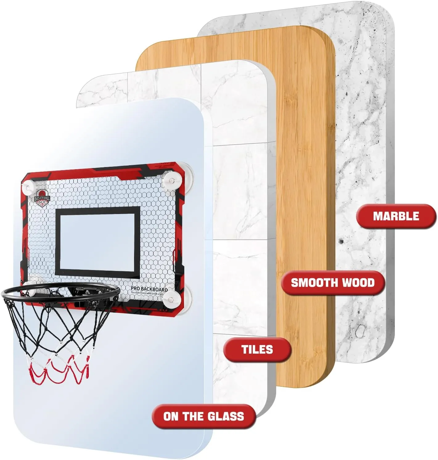 RUNBOW Indoor Mini Basketball Hoops Backboard with Powerful Suction Cups,Wall Mounted Door Basketball Hoops,Toys with Balls Gifts for Kids Boys Teens (43x30CM, Blue with Scorer) (Red Ordinary)