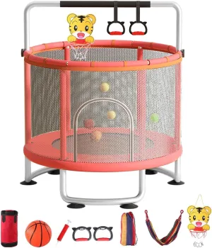 Safe Indoor Outdoor Trampoline for Kids & Toddlers - Enclosed Mini Trampoline for Toddlers 1-3 with Adjustable Features, Basketball Hoop, Swing, Sandbag, Ocean Balls - 440lbs Capacity
