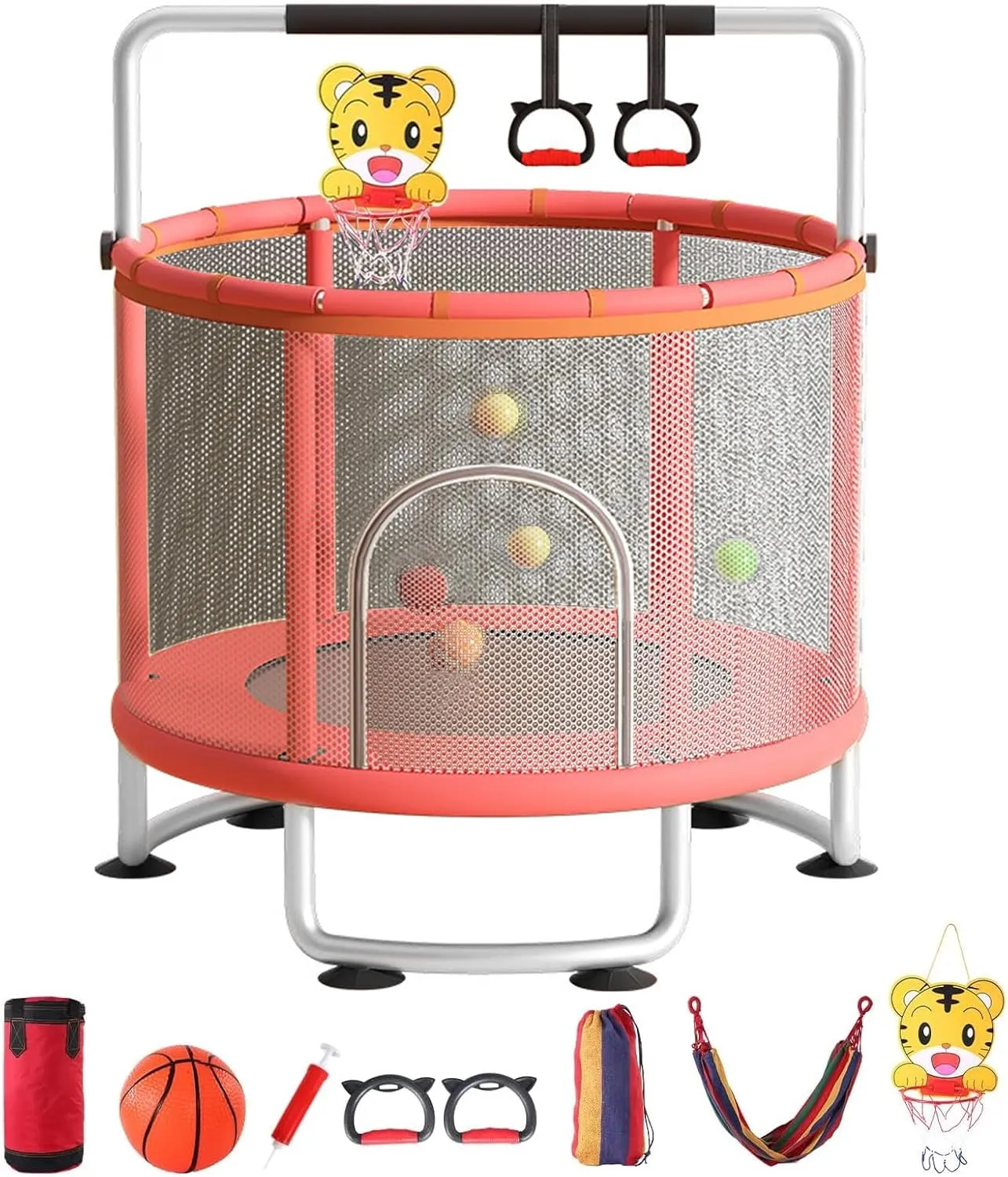 Safe Indoor Outdoor Trampoline for Kids & Toddlers - Enclosed Mini Trampoline for Toddlers 1-3 with Adjustable Features, Basketball Hoop, Swing, Sandbag, Ocean Balls - 440lbs Capacity