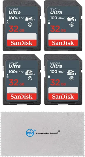 SanDisk 32GB Ultra (4 Pack) UHS-I Class 10 SDHC Memory Card, Retail Packaging - with (1) Everything But Stromboli (tm) Microfiber Cloth
