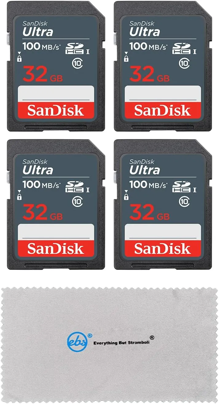 SanDisk 32GB Ultra (4 Pack) UHS-I Class 10 SDHC Memory Card, Retail Packaging - with (1) Everything But Stromboli (tm) Microfiber Cloth