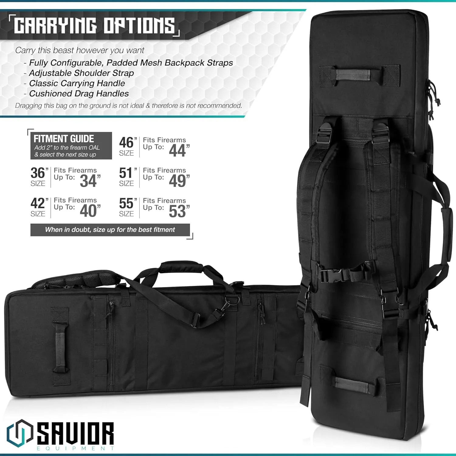 Savior Equipment Urban Warfare Tactical Double Long Gun Bag Case Backpack w/Pistol Handgun Case, Lockable Zipper, Padded Side Carry Strap, Available Length in 36" 42" 46" 51" 55"