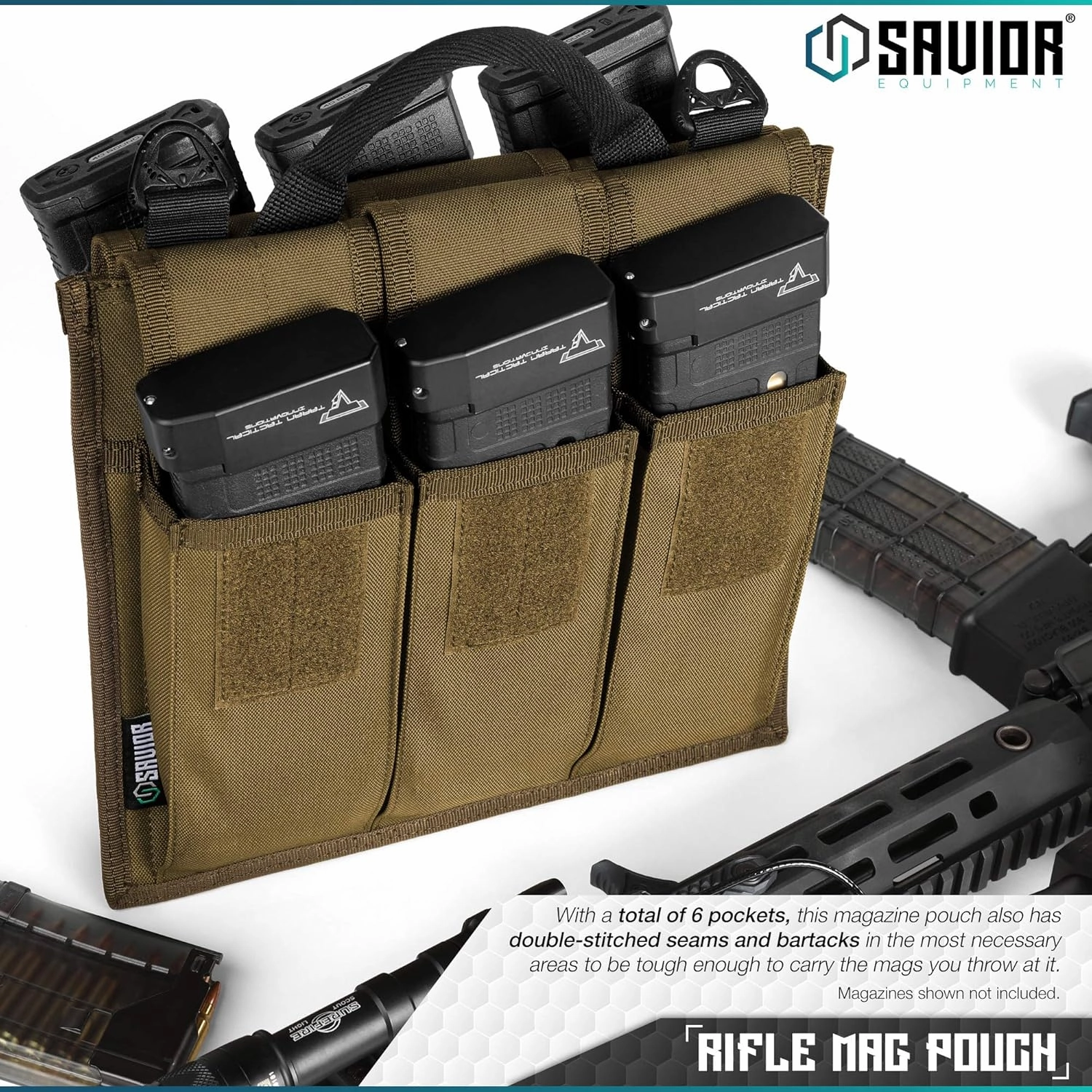 Savior Equipment Tactical Rifle & Pistol Magazine Pouch Carrier for M4 Carbine AR15 AK47 - Up to 6 Extended Mag, Adjustable Padded Shoulder Strap Included