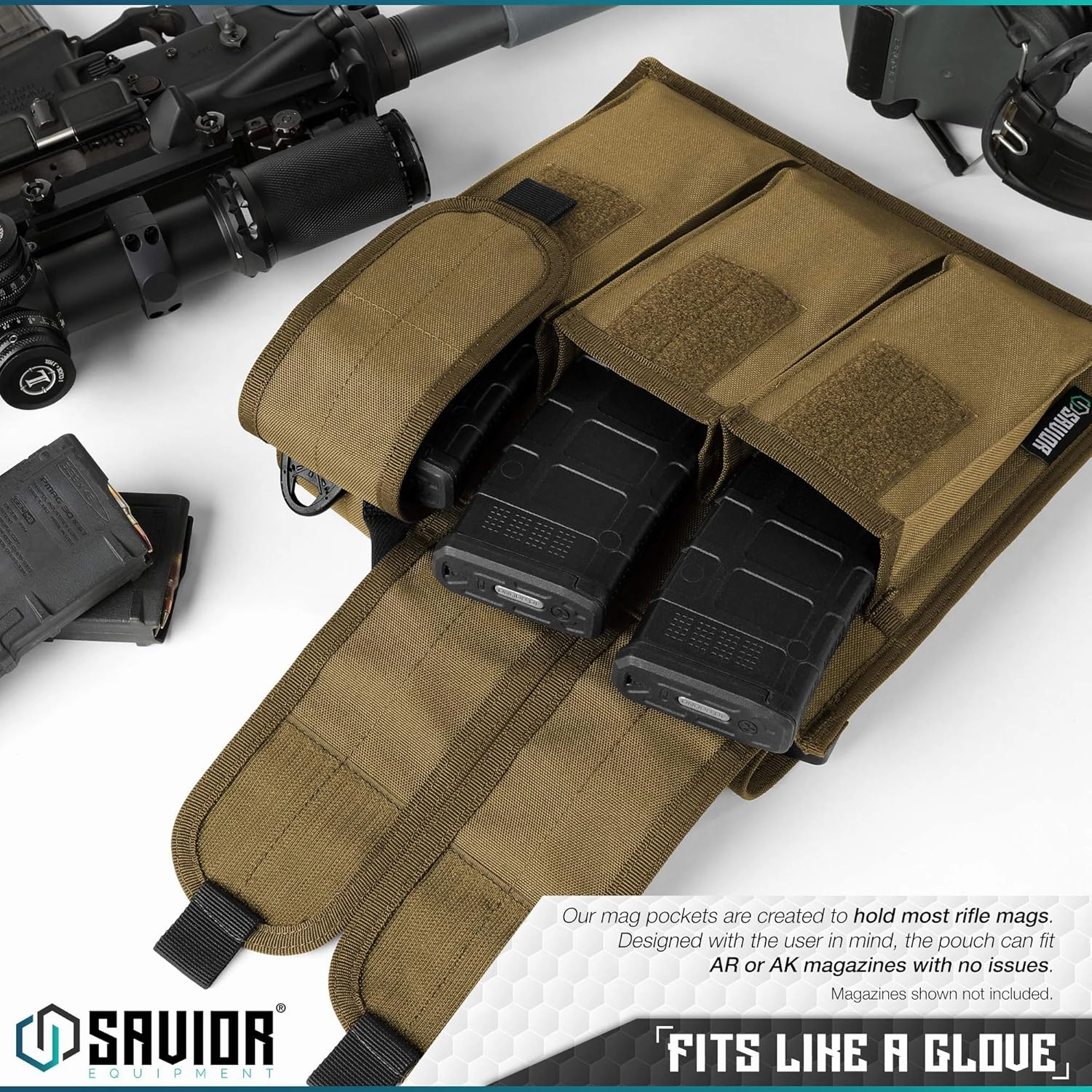 Savior Equipment Tactical Rifle & Pistol Magazine Pouch Carrier for M4 Carbine AR15 AK47 - Up to 6 Extended Mag, Adjustable Padded Shoulder Strap Included