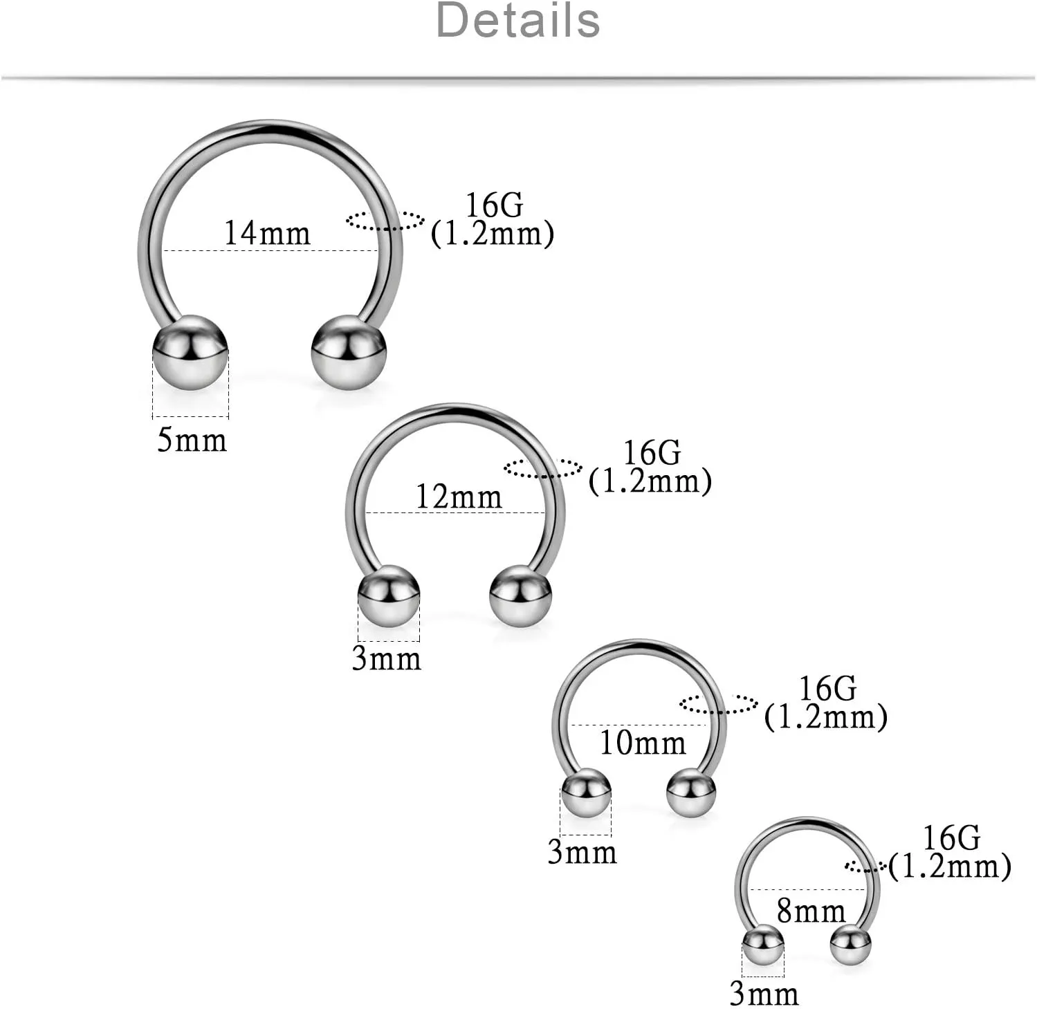 SCERRING 2-8PCS 16G G23 Titanium Horseshoe Septum Ring Nose Rings Hoop Helix Daith Cartilage Tragus Earrings Nipple Eyebrow Body Piercing Jewelry 8mm 10mm 12mm 14mm