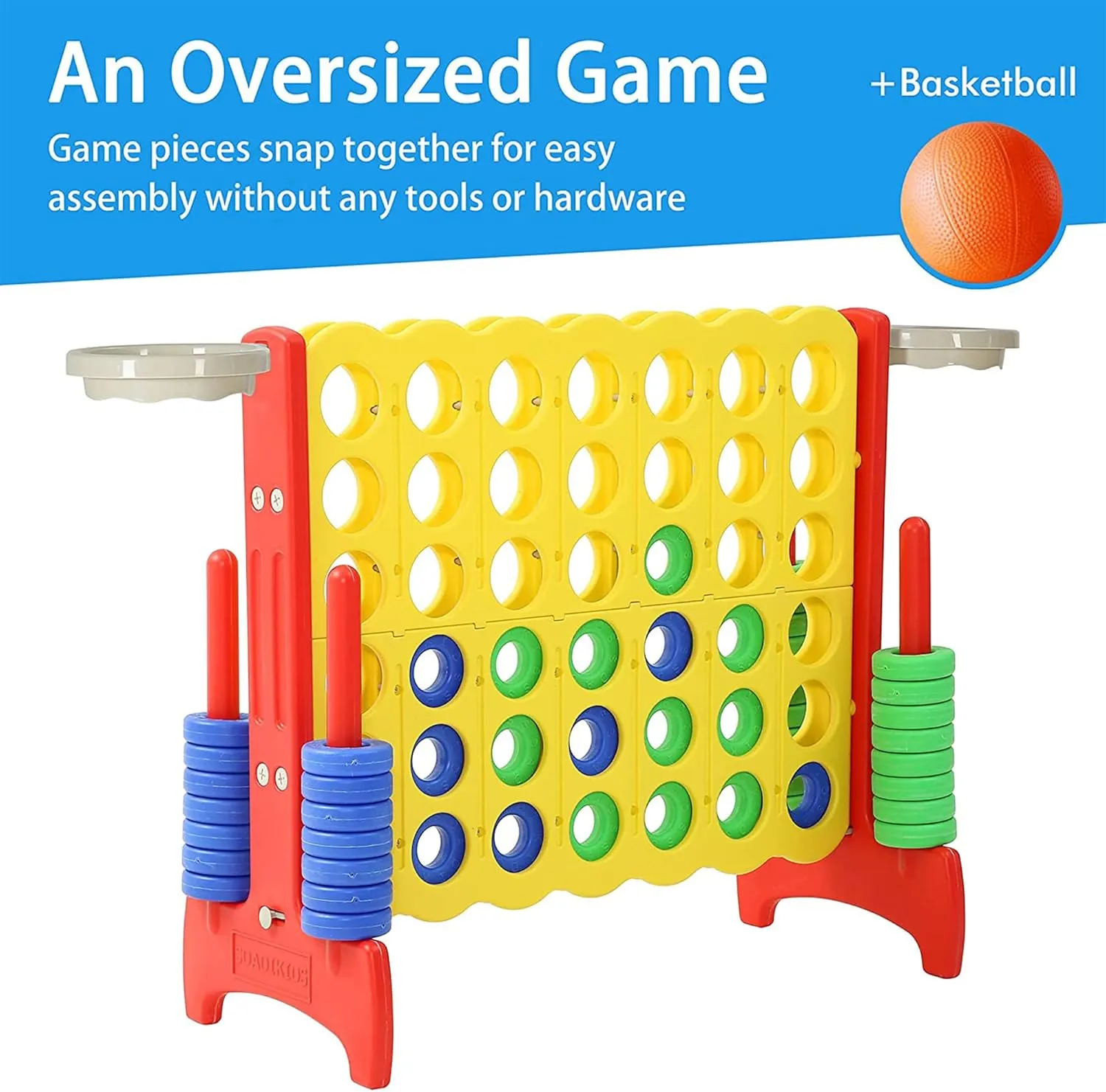 SDADI Giant 33 Inch 4-in-A-Row Hoop Connect Strategy Game and Basketball Indoor/Outdoor Family Fun Board for Toddlers, Kids, Adults, Yellow and Red