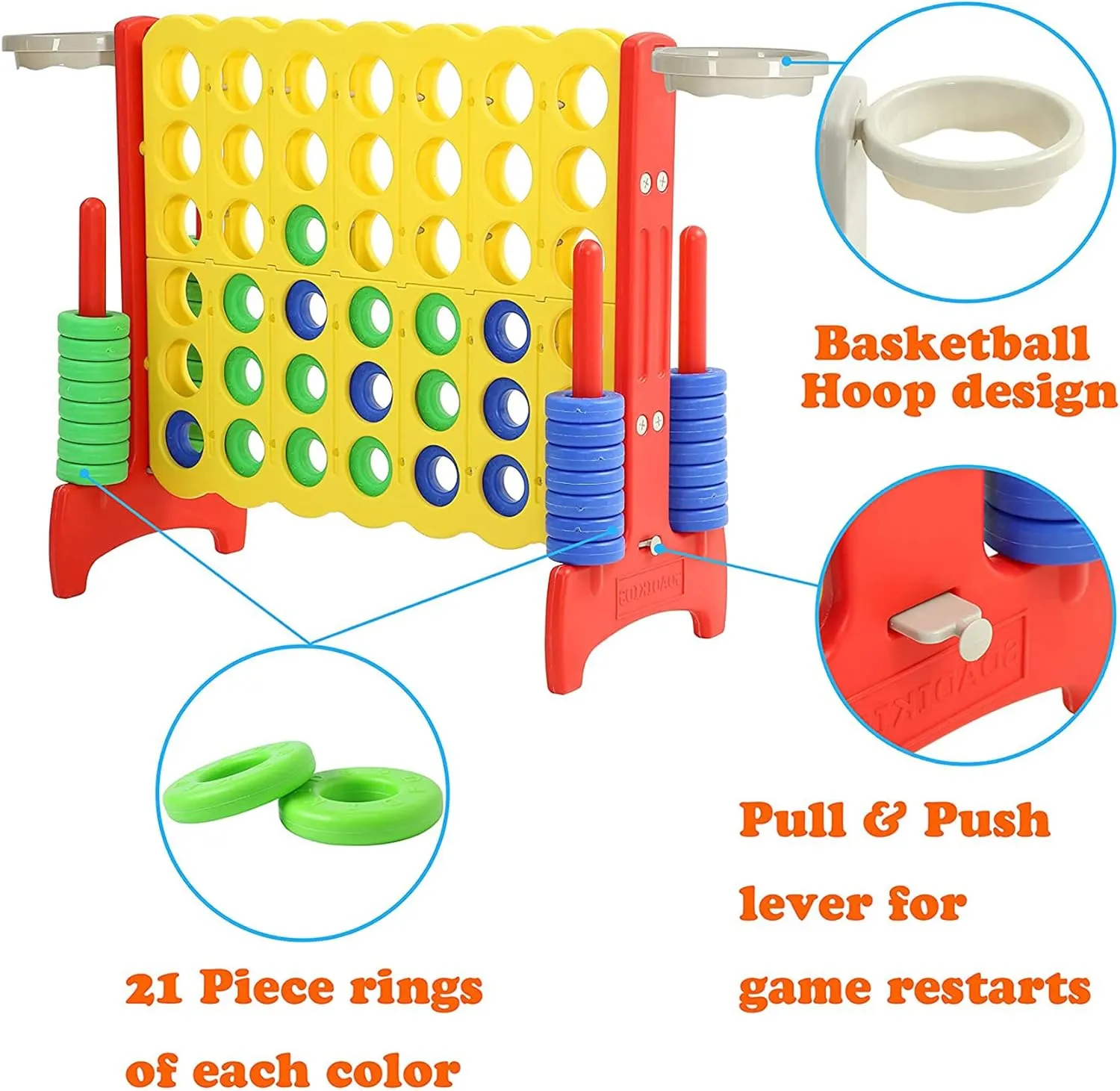 SDADI Giant 33 Inch 4-in-A-Row Hoop Connect Strategy Game and Basketball Indoor/Outdoor Family Fun Board for Toddlers, Kids, Adults, Yellow and Red