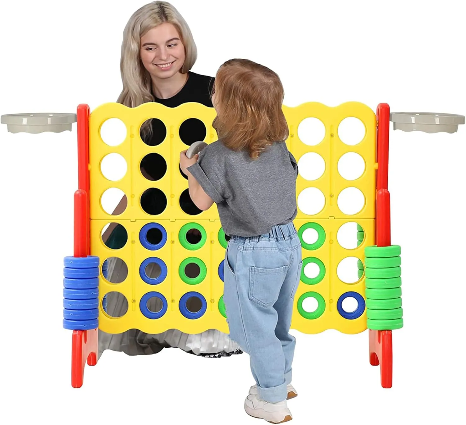 SDADI Giant 33 Inch 4-in-A-Row Hoop Connect Strategy Game and Basketball Indoor/Outdoor Family Fun Board for Toddlers, Kids, Adults, Yellow and Red