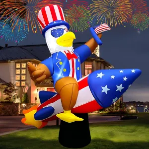 SEASONBLOW 6 Ft 4th of July Inflatables Outdoor Decorations, Eagle on Rocket Decoration LED Light Blow Up Patriotic Memorial Day Decor for Lawn Yard Garden Home Independence Day