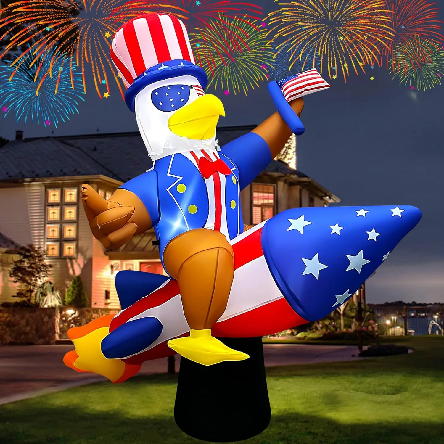 SEASONBLOW 6 Ft 4th of July Inflatables Outdoor Decorations, Eagle on Rocket Decoration LED Light Blow Up Patriotic Memorial Day Decor for Lawn Yard Garden Home Independence Day