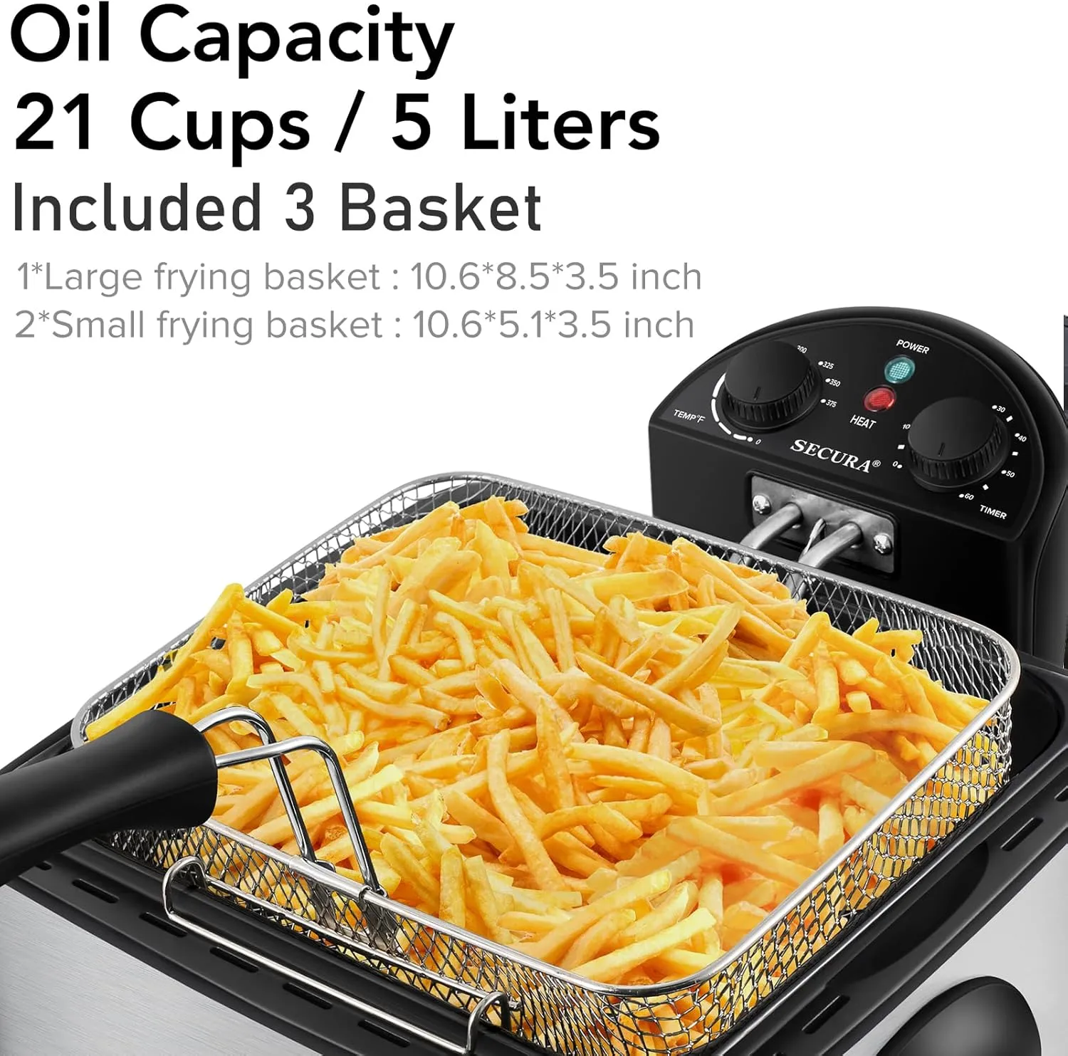 Secura Deep Fryer with 3 Baskets, 21 Cups / 5 Liters Oil Capacity 1700-Watt Stainless-Steel Triple Basket Electric Deep Fryer with Timer Extra Odor Filter, Silver