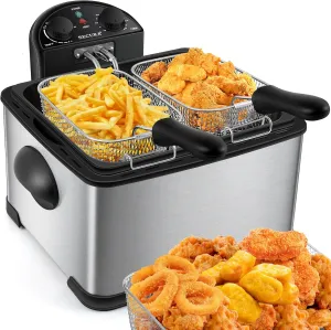Secura Deep Fryer with 3 Baskets, 21 Cups / 5 Liters Oil Capacity 1700-Watt Stainless-Steel Triple Basket Electric Deep Fryer with Timer Extra Odor Filter, Silver