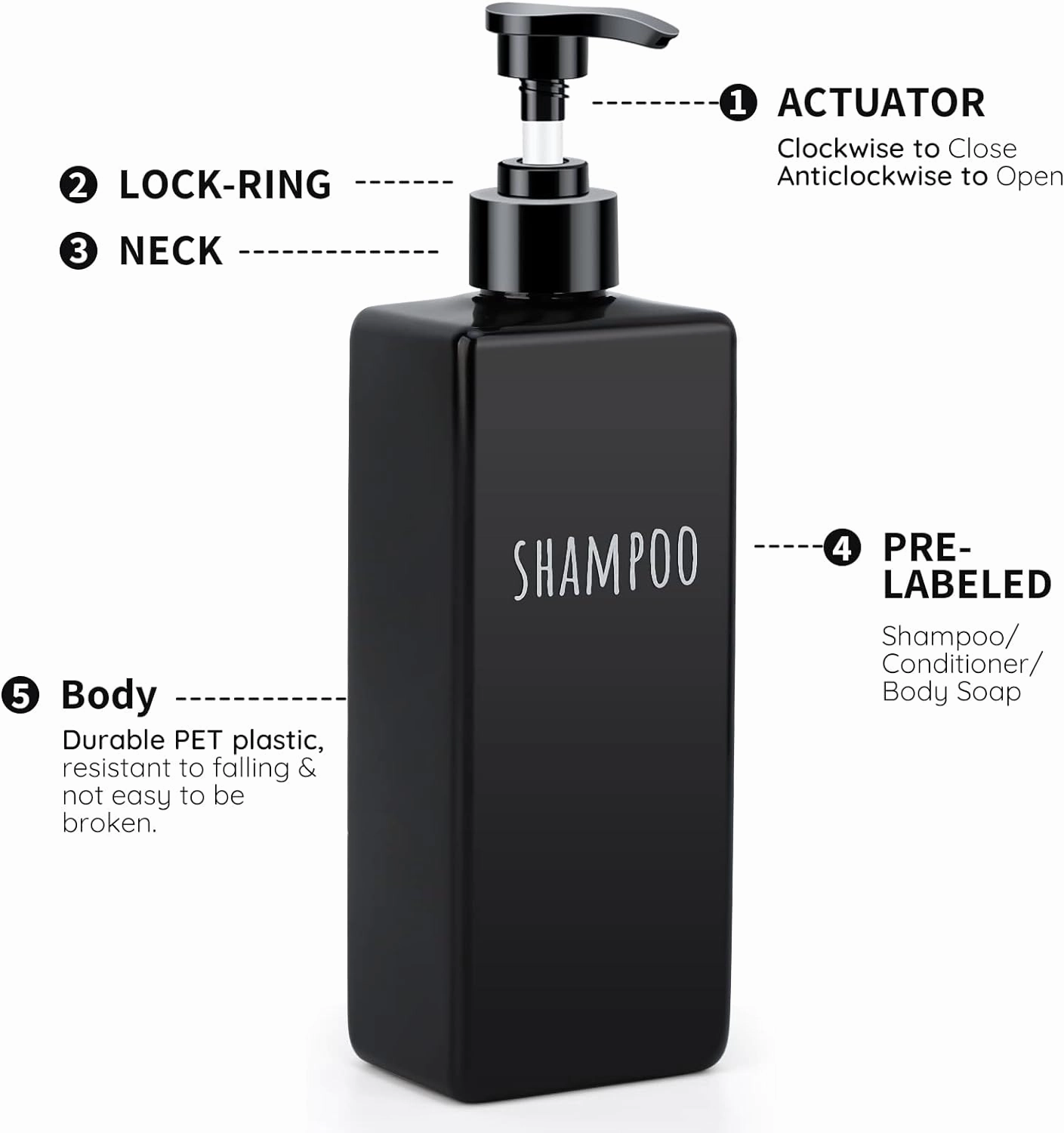 Segbeauty Square Soap Dispenser Black, 3pcs 16.9oz Refillable Shampoo and Conditioner Bottles, 500ml Empty Reusable Plastic Pump Bottle Bathroom Shower Dispenser Set for Body Wash Liquid Gel Lotion