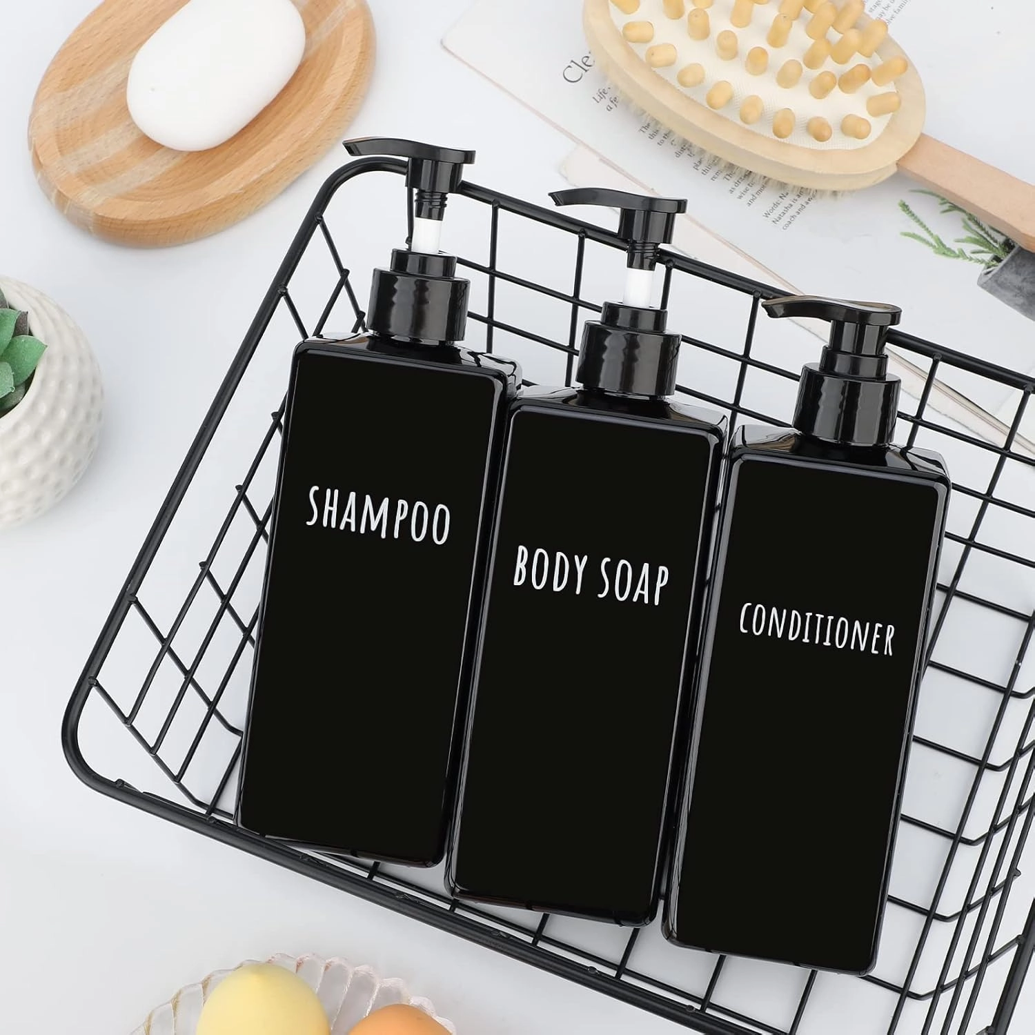 Segbeauty Square Soap Dispenser Black, 3pcs 16.9oz Refillable Shampoo and Conditioner Bottles, 500ml Empty Reusable Plastic Pump Bottle Bathroom Shower Dispenser Set for Body Wash Liquid Gel Lotion