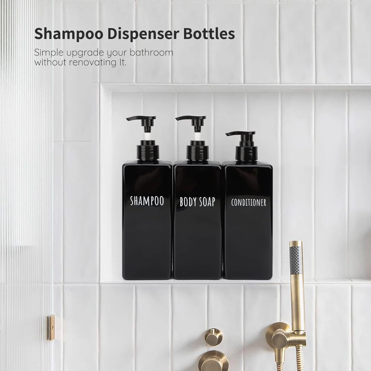 Segbeauty Square Soap Dispenser Black, 3pcs 16.9oz Refillable Shampoo and Conditioner Bottles, 500ml Empty Reusable Plastic Pump Bottle Bathroom Shower Dispenser Set for Body Wash Liquid Gel Lotion