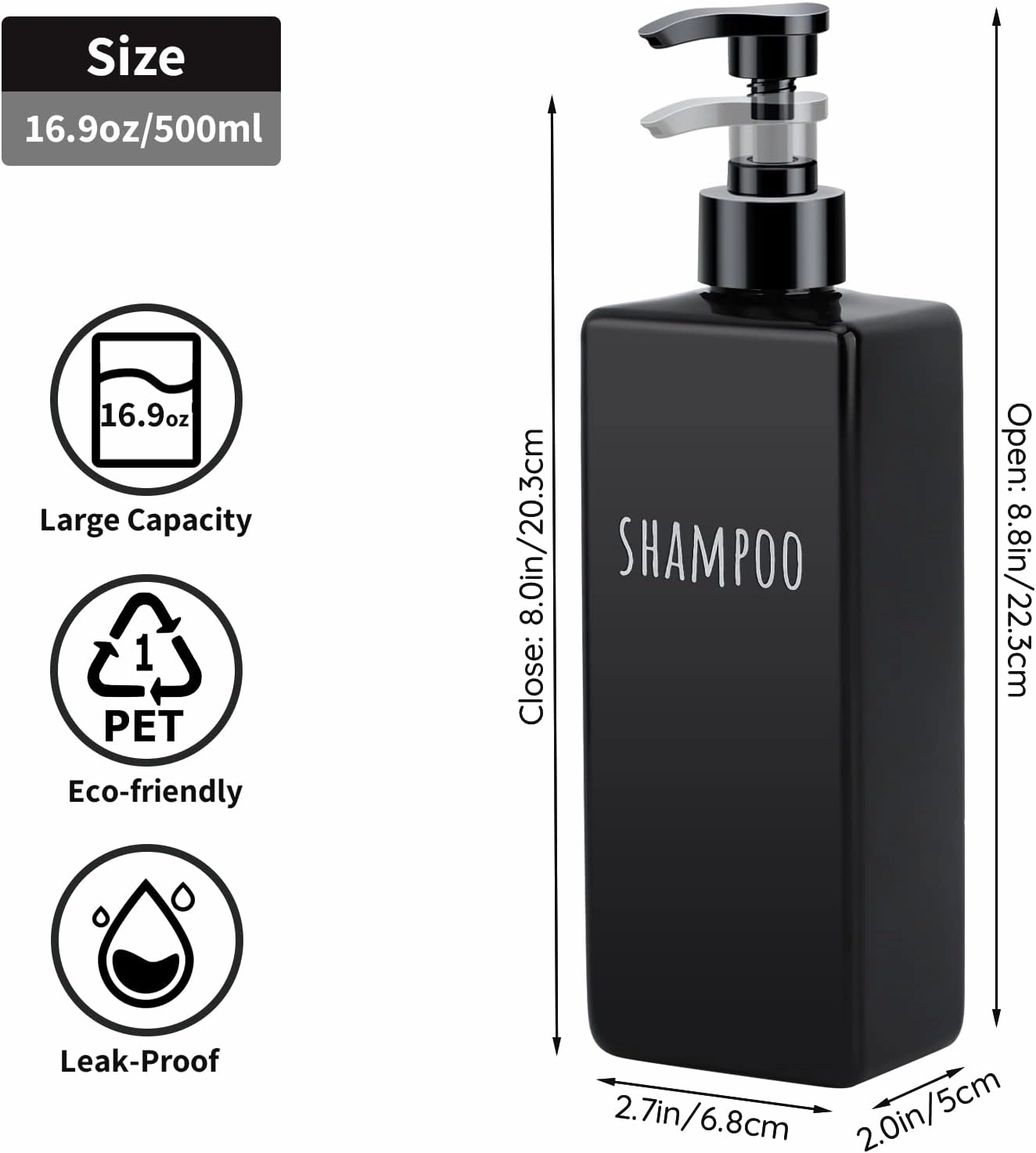 Segbeauty Square Soap Dispenser Black, 3pcs 16.9oz Refillable Shampoo and Conditioner Bottles, 500ml Empty Reusable Plastic Pump Bottle Bathroom Shower Dispenser Set for Body Wash Liquid Gel Lotion