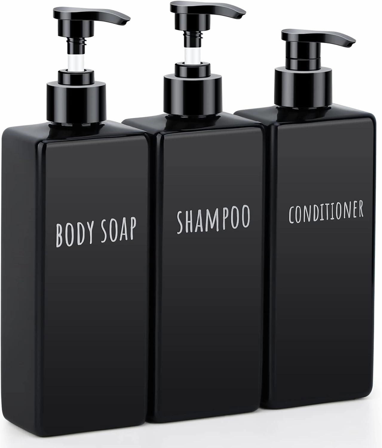Segbeauty Square Soap Dispenser Black, 3pcs 16.9oz Refillable Shampoo and Conditioner Bottles, 500ml Empty Reusable Plastic Pump Bottle Bathroom Shower Dispenser Set for Body Wash Liquid Gel Lotion