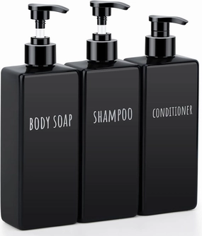 Segbeauty Square Soap Dispenser Black, 3pcs 16.9oz Refillable Shampoo and Conditioner Bottles, 500ml Empty Reusable Plastic Pump Bottle Bathroom Shower Dispenser Set for Body Wash Liquid Gel Lotion