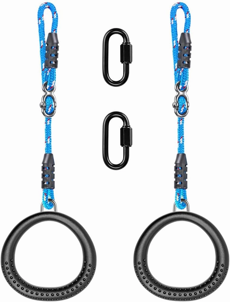 SELEWARE Trapeze Swing Rings, Non-Slip Gymnastic Rings Pull Up Exercise Rings with Adjustable Ropes for Home Gym Playground Ninja Warrior Obstacle Course Training Workout (Black, 2 Pack)