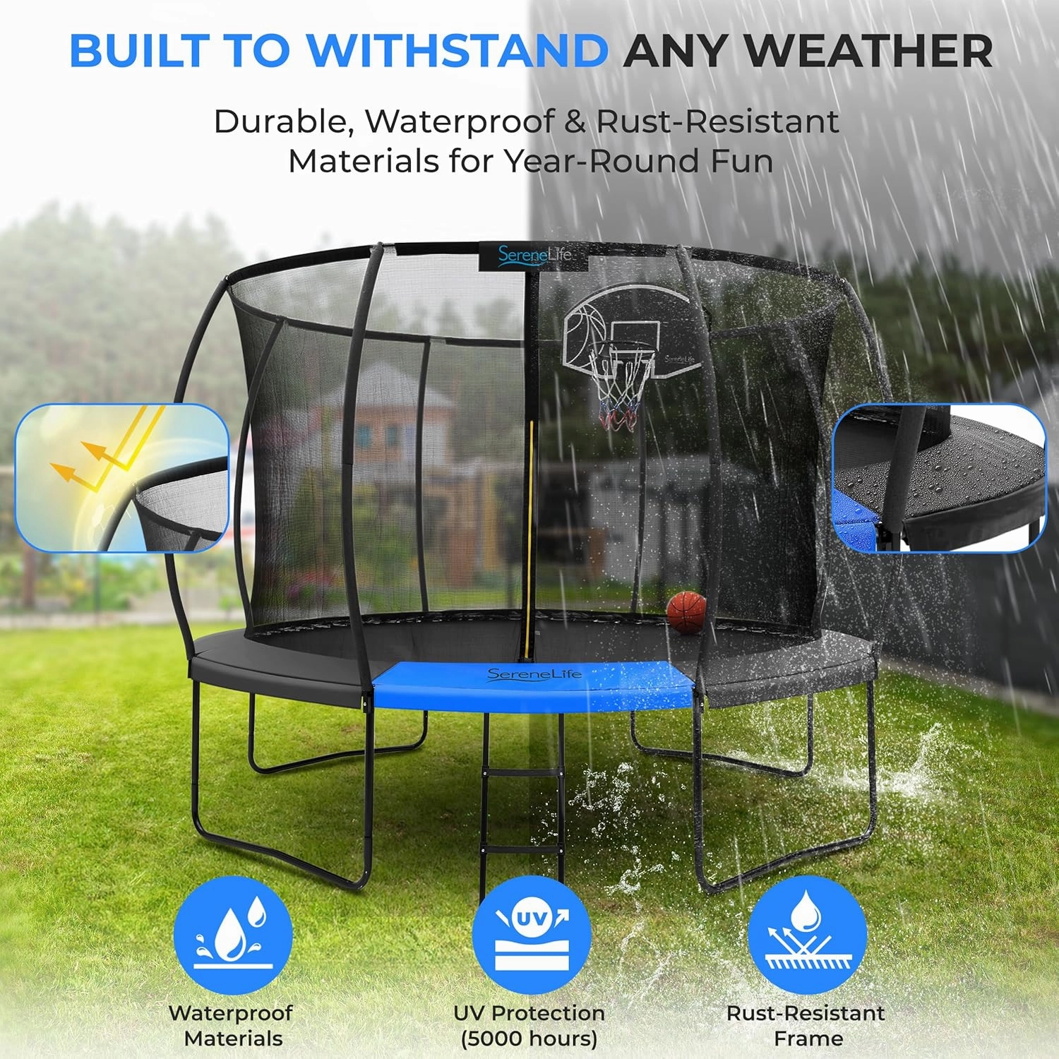 SereneLife 8FT 10FT 12FT 14FT Outdoor Trampoline for Kids and Adults – ASTM Certified Heavy-Duty Backyard Trampoline with Safety Poles, Net Enclosure, and Stable Anti-Rust Frame