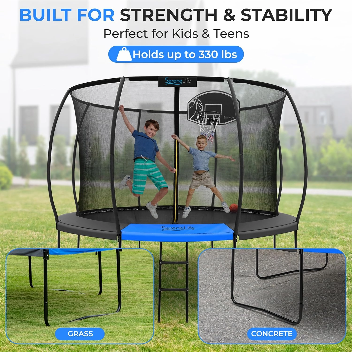 SereneLife 8FT 10FT 12FT 14FT Outdoor Trampoline for Kids and Adults – ASTM Certified Heavy-Duty Backyard Trampoline with Safety Poles, Net Enclosure, and Stable Anti-Rust Frame