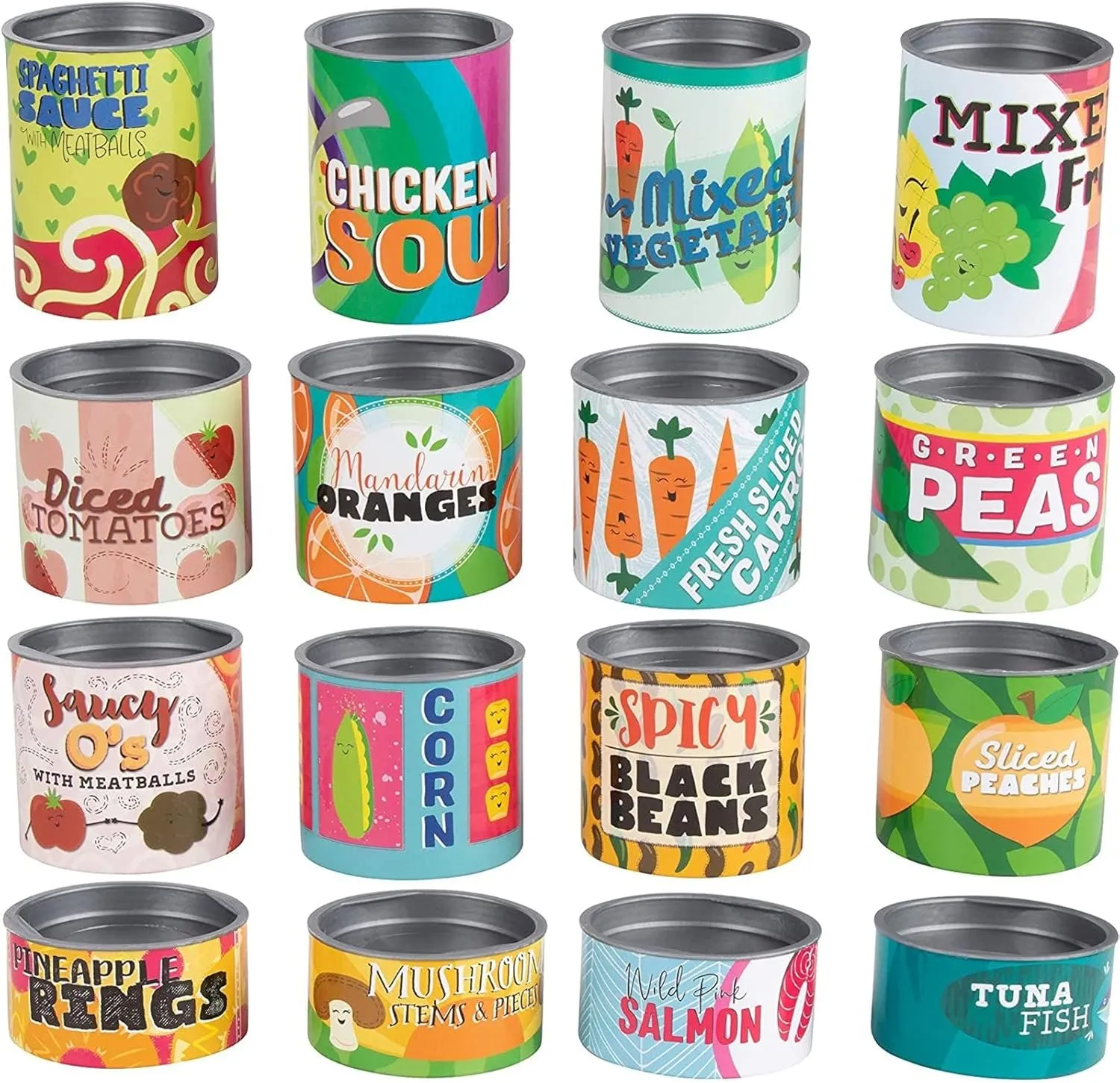 Set of 16 Toy Food Cans for Kids Pretend Play Grocery Store Stackable Accessories, Supermarket Playset