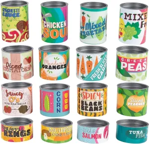 Set of 16 Toy Food Cans for Kids Pretend Play Grocery Store Stackable Accessories, Supermarket Playset