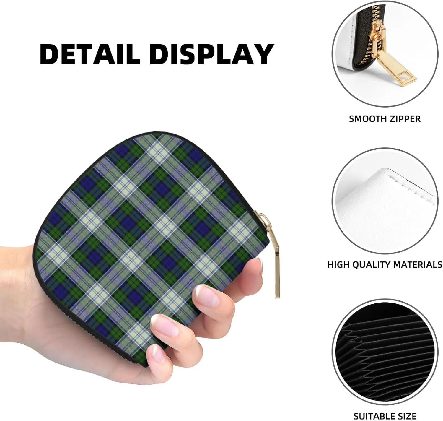 Shell Card Case Black Watch Dress Modern Tartan Small Bag PU Leather Zipper Wallet Credit Card Holder