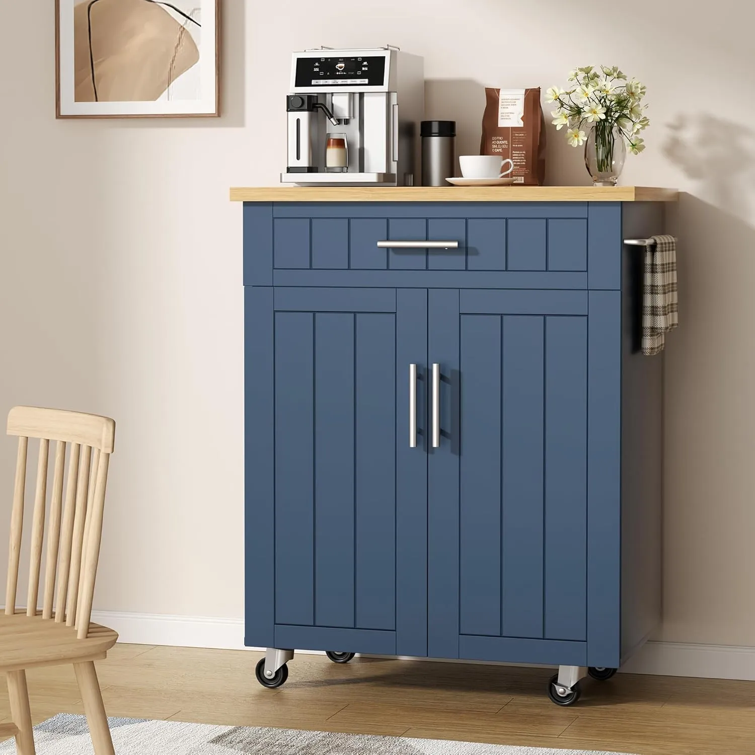 Shintenchi Kitchen Island cart with Storage, Portable Bar Cabinet on Wheels, Rolling Microwave Cart Side Table with Workstation for Kitchen, Dinning Room, Blue