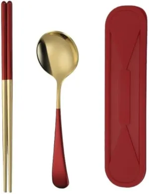 Silverware Flatware Cutlery Set, 304 Stainless Steel Tableware Set, Outdoor Travel Convenient Spoon And Chopsticks Set With Storage Box (Color : Red, Size : 6Set-12Pcs)