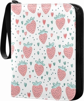 Simple Strawberry Print Trading Card Binder with Sleeves PU Leather Holds 400 Cards,Double Sided Trading Card Folder with Zipper Collection Binder Album Book Case for Boys Girls
