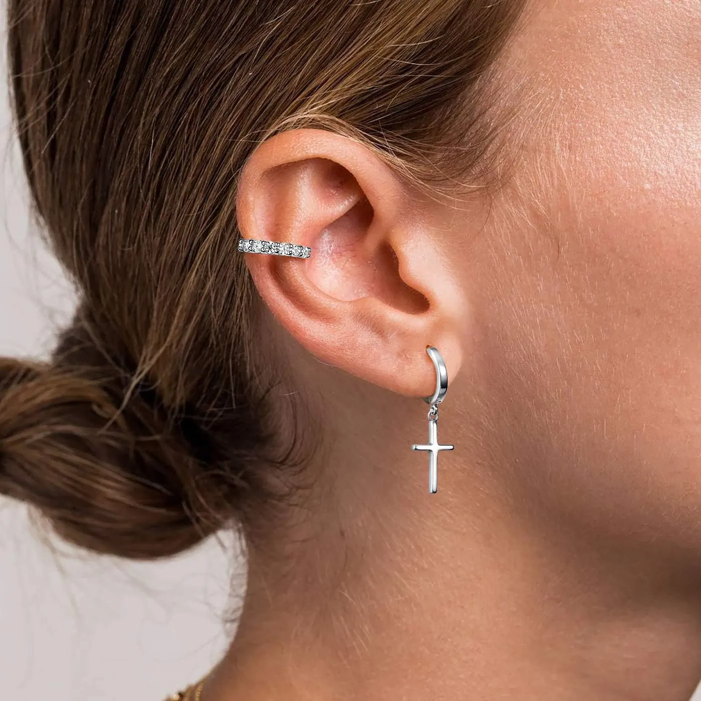 SIMPLGIRL 925 Sterling Silver Cross Earrings- Dainty Light Weight Huggie Hoop Cross Earrings for Women Men