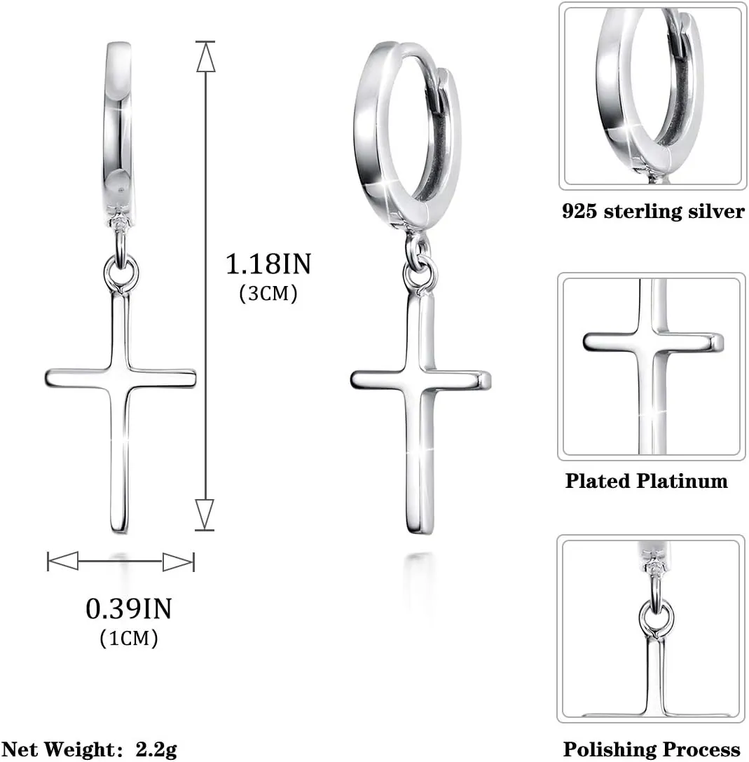 SIMPLGIRL 925 Sterling Silver Cross Earrings- Dainty Light Weight Huggie Hoop Cross Earrings for Women Men