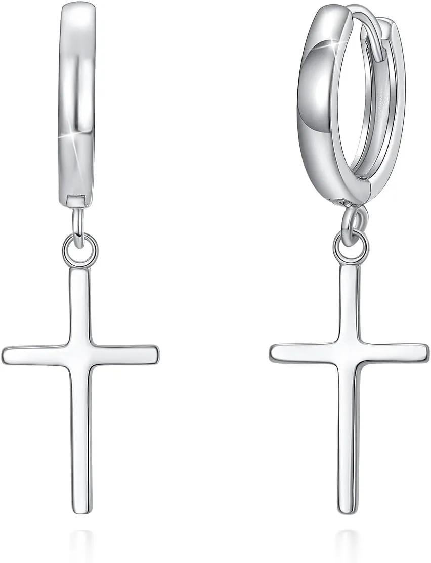 SIMPLGIRL 925 Sterling Silver Cross Earrings- Dainty Light Weight Huggie Hoop Cross Earrings for Women Men