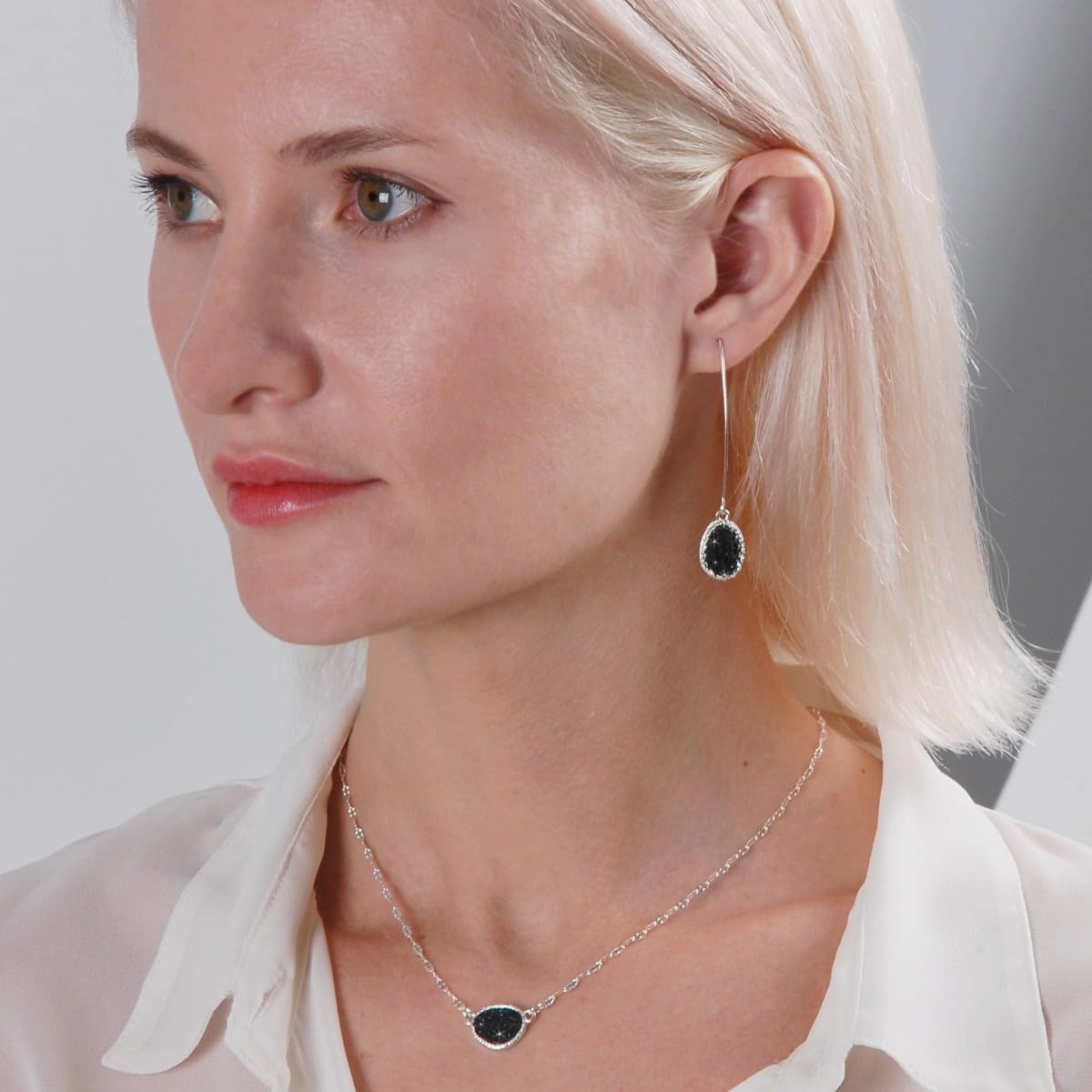 Simulated Druzy Dangly Threader Earrings - Gold, Silver, or Rose Gold Tone Long Simple Boho Hoop Drop Dangles with Sparkly Oval Stone
