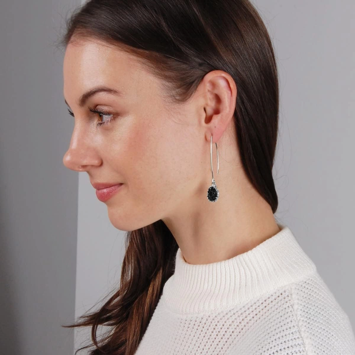 Simulated Druzy Dangly Threader Earrings - Gold, Silver, or Rose Gold Tone Long Simple Boho Hoop Drop Dangles with Sparkly Oval Stone