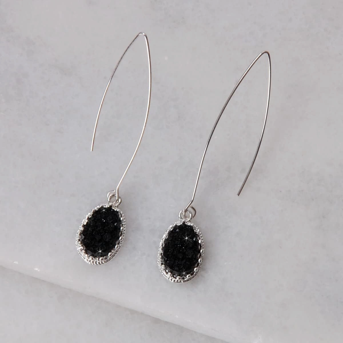 Simulated Druzy Dangly Threader Earrings - Gold, Silver, or Rose Gold Tone Long Simple Boho Hoop Drop Dangles with Sparkly Oval Stone