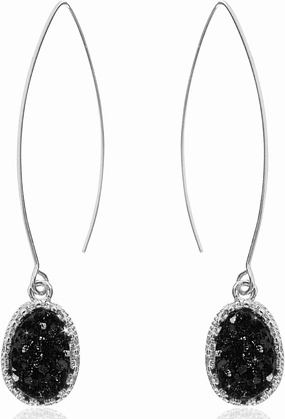 Simulated Druzy Dangly Threader Earrings - Gold, Silver, or Rose Gold Tone Long Simple Boho Hoop Drop Dangles with Sparkly Oval Stone
