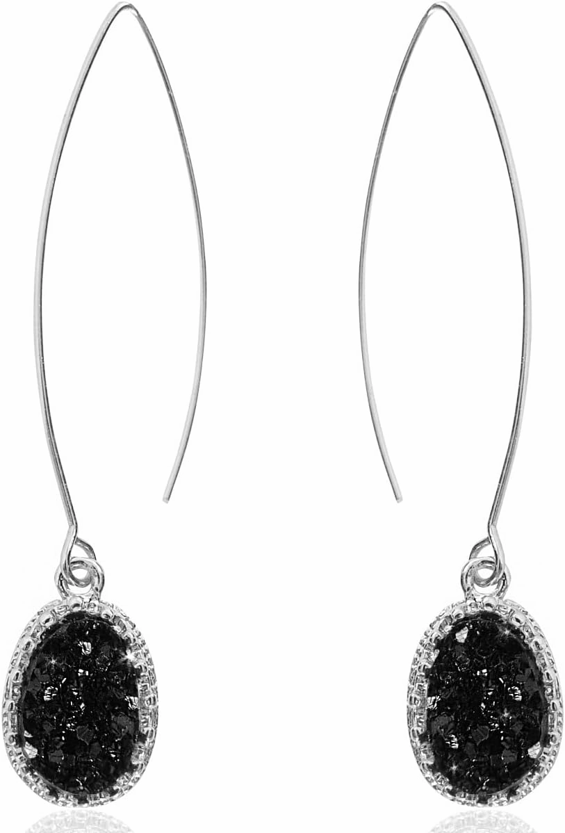 Simulated Druzy Dangly Threader Earrings - Gold, Silver, or Rose Gold Tone Long Simple Boho Hoop Drop Dangles with Sparkly Oval Stone