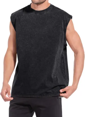 Sleeveless Muscle Cut Off Shirts for Men Gym Workout Running Beach Tank Tops Acid Wash Cotton Tshirt Loose Fit Tees