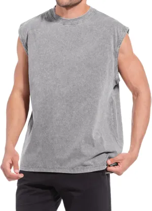 Sleeveless Muscle Cut Off Shirts for Men Gym Workout Running Beach Tank Tops Acid Wash Cotton Tshirt Loose Fit Tees