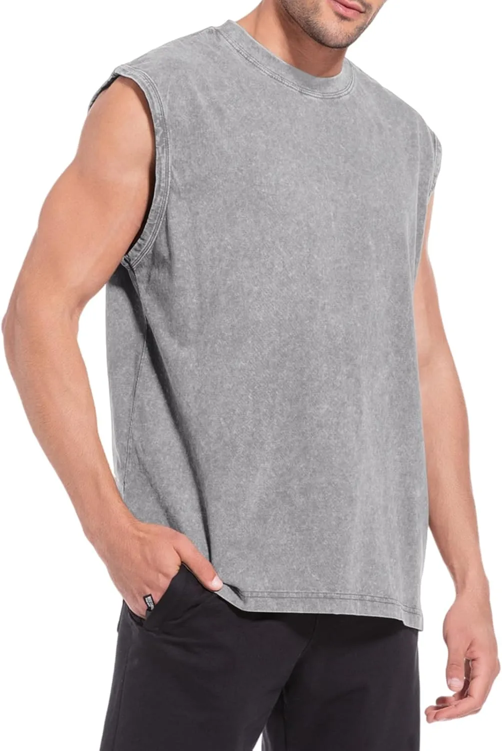 Sleeveless Muscle Cut Off Shirts for Men Gym Workout Running Beach Tank Tops Acid Wash Cotton Tshirt Loose Fit Tees
